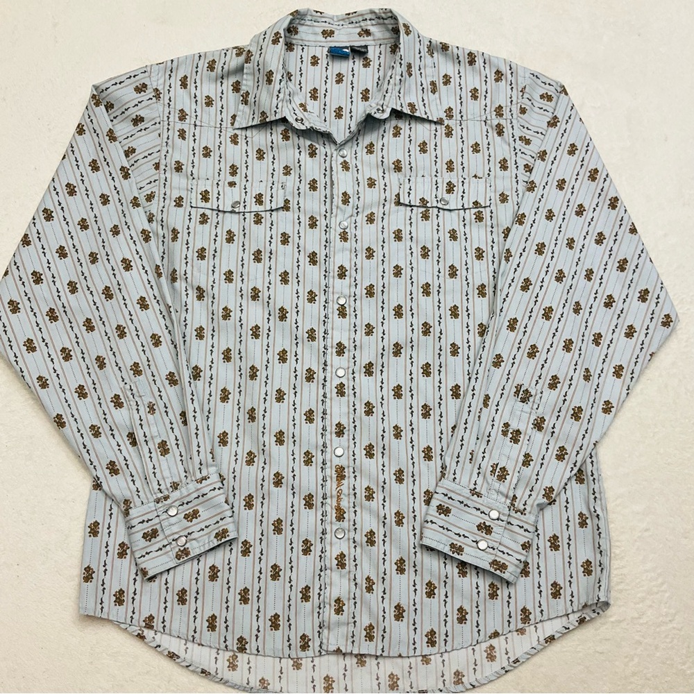 OP Men's Western Style Blue Brown Floral Striped Long Sleeve Button Down Shirt